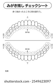 Folha de verificação de resíduo de escovação de dentição permanente, ilustração de divulgação da placa.[Traduzir]Folha de verificação de placa de dentição permanente em preto-e-branco com ilustrações de divulgação da placa.