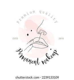 Logo permanente de maquillaje de labios. Salón de tatuajes. Los labios y la nariz de la mujer en un estilo de dibujo de línea. Resumen de retrato femenino minimalista con salpicadura de color rosa. Ilustración de vector lineal minimalista.