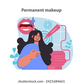 Permanent makeup application at a beauty clinic. Specialist performing cosmetic tattooing. Lasting beauty solution. Flat vector illustration.
