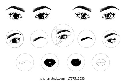 Permanent Makeup Icons Set Storys, Eyes, Lash, Lips, Brows