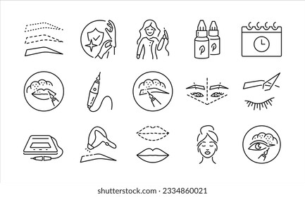 Permanent makeup line icons set. Powder brows icon. Microblading , tattoo machine , tattoo artist icon. Vector illustration