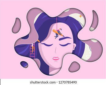 Permanent makeup. The scene with the big head of the girl and the little people are the masters who do the tattoo. Vector flat illustration with layers cut out of paper.