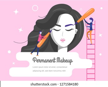 Permanent makeup. The scene with the big head of the girl and the little people are the masters who do the tattoo. Vector flat illustration.