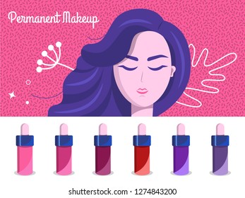 Permanent makeup. The scene with the big head of the girl and the little people are the masters who do the tattoo. Vector flat illustration.