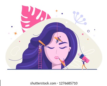 Permanent makeup. The scene with the big head of the girl and the little people are the masters who do the tattoo. Vector flat illustration.