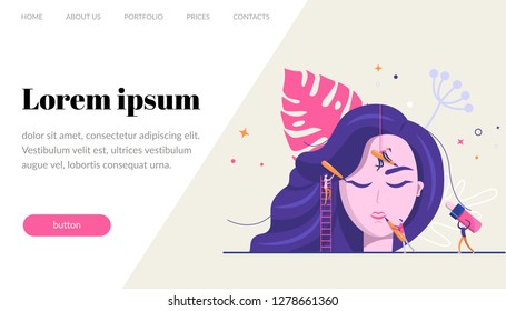 Permanent makeup. The scene with the big head of the girl and the little people are the masters who do the tattoo. Vector flat illustration, website template, banner.