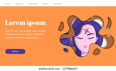 Permanent makeup. The scene with the big head of the girl and the little people are the masters who do the tattoo. Vector flat illustration, website template, banner.