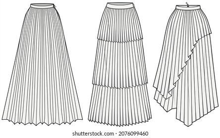 Permanent Pleat Skirt, Tiered Permanent Pleat Skirt, Asymmetric Permanent Pleat Skirt. Fashion Illustration, Vector, CAD, Technical Drawing, Flat Drawing.