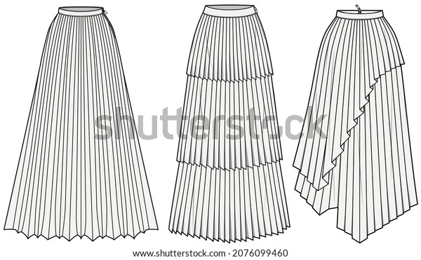 Permanent Pleat Skirt, Tiered Permanent\
Pleat Skirt, Asymmetric Permanent Pleat Skirt. Fashion\
Illustration, Vector, CAD, Technical Drawing, Flat\
Drawing.