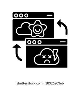 Icono de redireccionamiento permanente del glifo negro. Problema de acceso a páginas web, notificación de advertencia de Internet. Cambio de dirección de sitio web, enlace símbolo de silueta de redirección en espacio blanco. Ilustración aislada del vector