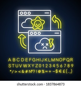 Permanent redirect neon light icon. Outer glowing effect. Webpage access problem. Web address change, link redirection sign with alphabet, numbers and symbols. Vector isolated RGB color illustration