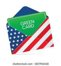 Permanent residency GREEN CARD document in an envelope with USA flag print. United States of America citizenship lottery concept.