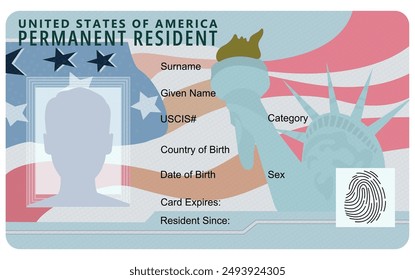 Permanent Resident Card. Vector illustration of green card. Template of Permanent Resident Card isolated on white background. Cartoon Green card of the United States