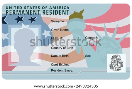 Permanent Resident Card. Vector illustration of green card. Template of Permanent Resident Card isolated on white background. Cartoon Green card of the United States