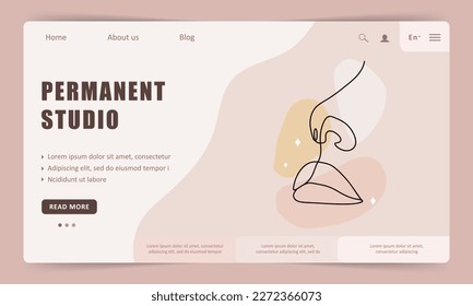 Permanent studio landing page template. Lip makeup procedure. Tattoo salon. Linear female lips on colored spots. Abstract minimalistic woman portrait. Modern vector illustration.