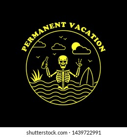 PERMANENT VACATION SKELETON SURFER BADGE YELLOW BLACK BACKGROUND