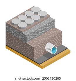 Permeable paving isometric diagram - road or walkway made of blocks spaced so that stormwater can flow between the gaps