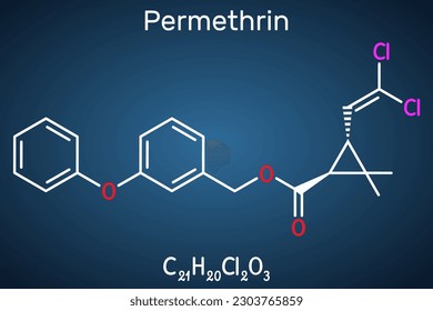 Molécula de permetrina. Es insecticida y medicación, utilizada en el tratamiento de infestaciones de piojos y sarcosis. Fórmula química estructural en el fondo azul oscuro. Ilustración del vector