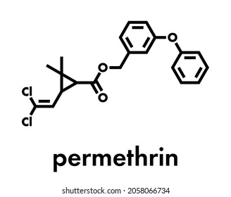 Permethrin pyrethroid insecticide. Used to treat scabies and head lice in humans. Used to impregnate mosquito nets and in flea collars for dogs. Skeletal formula.