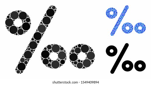 Permille mosaic of filled circles in variable sizes and color tinges, based on permille icon. Vector filled circles are combined into blue mosaic. Dotted permille icon in usual and blue versions.