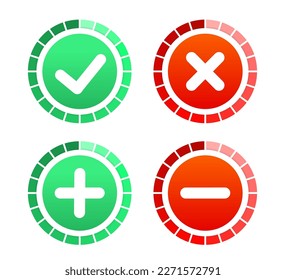 Permission buttons set. Flat design. Test question. Green Check Mark and Red Cross in two variants (square and rounded corners). Vector illustration