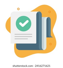 Permission check mark approved document icon vector flat cartoon graphic illustration, tick checkmark survey notice note paper report form, certified quality control info modern design 