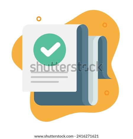 Permission check mark approved document icon vector flat cartoon graphic illustration, tick checkmark survey notice note paper report form, certified quality control info modern design 