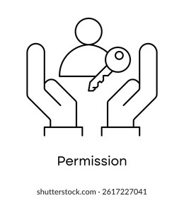 Permission – Hands Holding User and Key Representing Controlled Access, icon with editable stroke