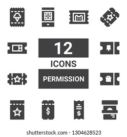 permission icon set. Collection of 12 filled permission icons included Ticket, Boarding pass