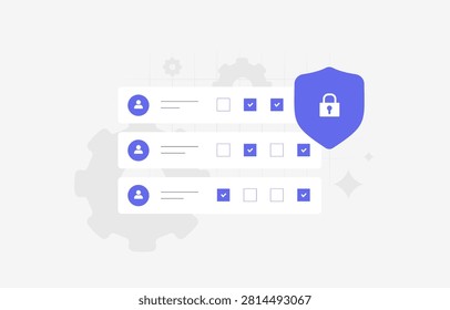 Permission management with user access control, role assignment, security settings and authorization policies for secure identity governance. Flat design vector illustration.