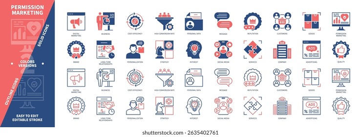 Permission Marketing icon set. Cost-Efficiency, Personalization, Social Media, High Conversion Rate, Customers, Advertising, Reputation, Goods, Services. Duotone color solid and editable outline icons