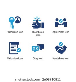Permission, Thumbs up, Agreement, Validation, Okay, Handshake, Blue Icon Set