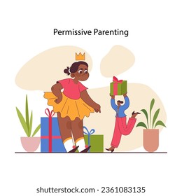 Permissive parenting. Spoiled little girl in a crown, loving mother with a present pumpering a kid. Indulgent or lax parenting. Flat vector illustration