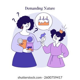 Permissive parenting style illustrated with a confused parent holding gifts while the child expresses demanding behavior. Highlights the challenges of setting boundaries in a nurturing environment
