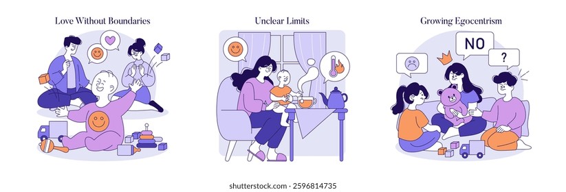 Permissive parenting style illustrated through loving interactions, blurred boundaries, and a focus on emotional connection. Highlights the impacts on child development and family dynamics. Vector