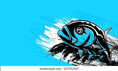 Permit fish logo. Permit fish fishing emblem for sport club. Angry fishing background theme vector illustration. Water splash. Grunge background. Paint stains.