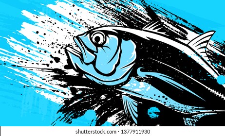 Permit fish logo. Permit fish fishing emblem for sport club. Angry fishing background theme vector illustration. Water splash. Grunge background. Paint stains.