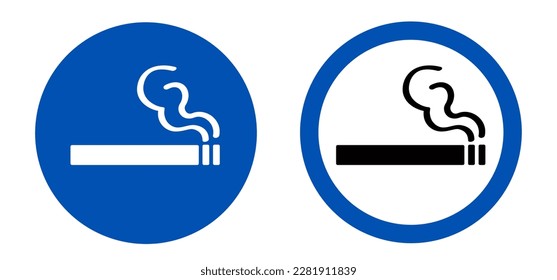 si lo permite. Fumar permitió la prohibición. Icono o pictograma para fumar dibujos animados. Señalización para fumar o fumar aquí. Cigarrillo, tabaco, zona de humo o zona de fumadores. Símbolo azul obligatorio para los lugares públicos