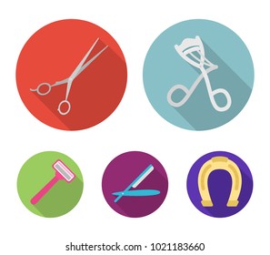 Perms for eyelashes, a dangerous razor, scissors, a shaving machine. Hairdresser set collection icons in flat style vector symbol stock illustration web.