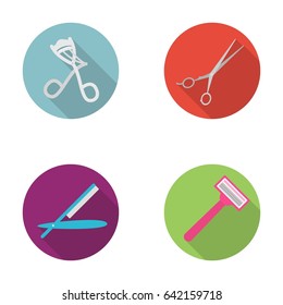 Perms for eyelashes, a dangerous razor, scissors, a shaving machine. Hairdresser set collection icons in flat style vector symbol stock illustration web.