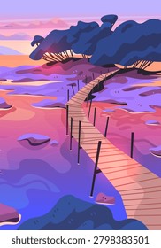 Pernambuco Brazil boardwalk sunset landscape vibrant colorful sky coastal scenery wooden path water tropical trees digital art