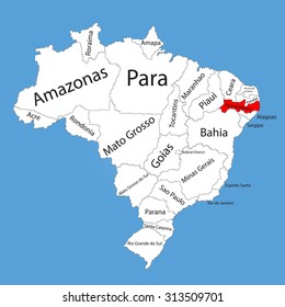 Pernambuco, Brazil, vector map isolated on Brazil map. Editable vector map of Brazil. 