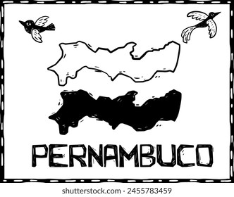 Pernambuco, Northeastern Brazilian state in silhouette. Woodcut style.