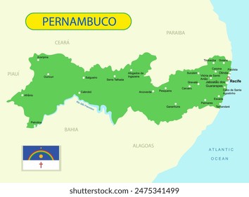 Mapa estatal de Ilustración vectorial Pernambuco en Brasil