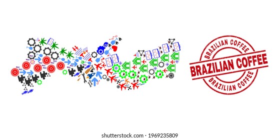 Pernambuco State map collage and distress Brazilian Coffee red circle seal. Brazilian Coffee seal uses vector lines and arcs. Pernambuco State map collage contains gears, homes, lamps, bugs, people,