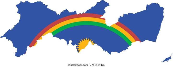 Pernambuco State Map with Flag Design and Accurate Geographic Contours. Professional vector silhouette featuring the blue and white field with rainbow, sun, and red cross symbols. Ideal for Brazil tech hub infographics, Recife tourism guides, and Suape port logistics news. Clean 2D minimalist graphic