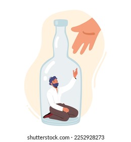 Pernicious Habits and Substance Abuse, Alcoholism, Alcohol Addiction Concept with Alcoholic Male Character Sitting inside of Bottle Stretching Hand for getting Help. Cartoon People Vector Illustration