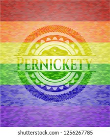 Pernickety emblem on mosaic background with the colors of the LGBT flag