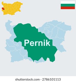 Pernik Bulgaria Map and Flag - Struma River, Republic Square and Vitoshka Mountain Vector Outline.