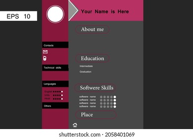 Perosnal resume in beautiful pink and black color. Cv template editable vector file.